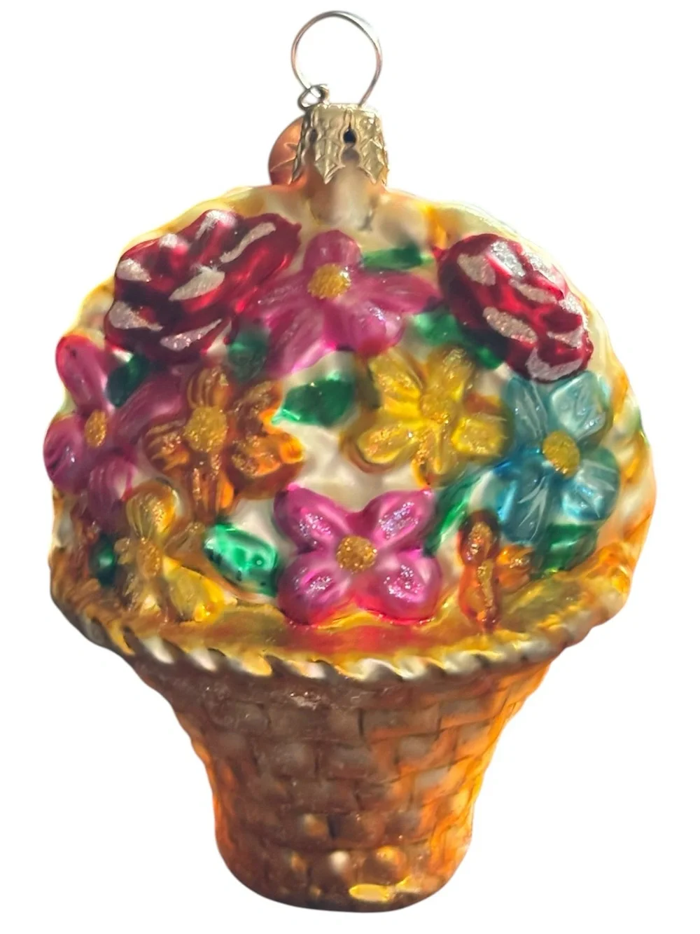 Christopher Radko Glass Ornament Kitty Cat and Flower Basket Retired 2002